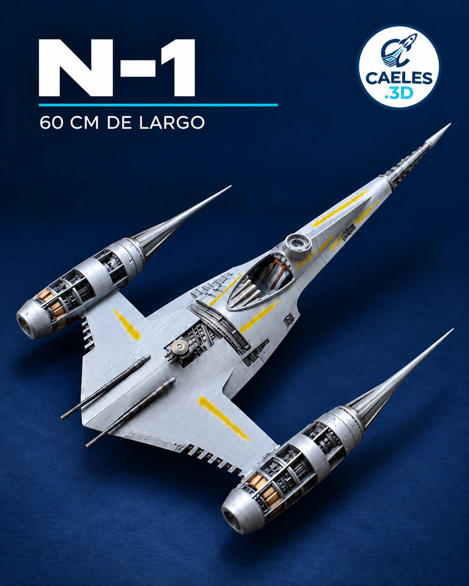 Portada Caeles de la N-1 de The Mandalorian, de 60 cm de largo, sobre fondo azul